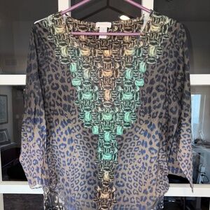 Chico’s Embellished Leopard Print Top Size 1 (M/8) Made in USA Faux Jewel